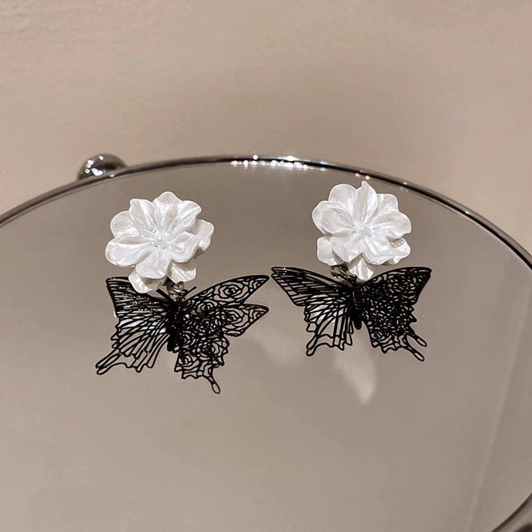 White Flower and Black Butterfly Drop Earrings