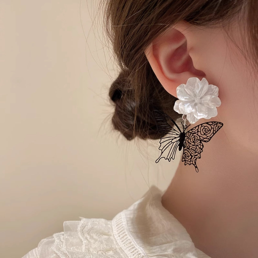 White Flower and Black Butterfly Drop Earrings