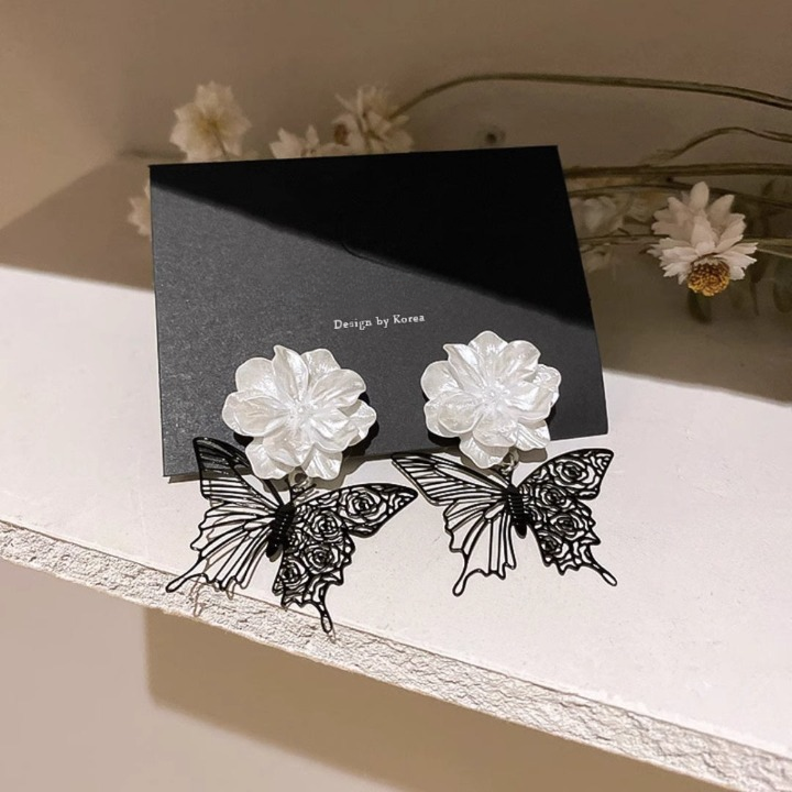 White Flower and Black Butterfly Drop Earrings