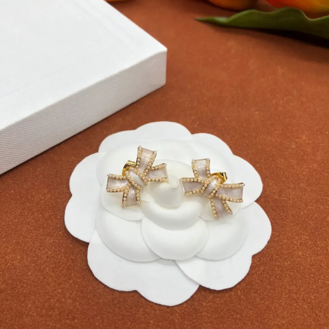 Korean Bow Stone Stud Earrings