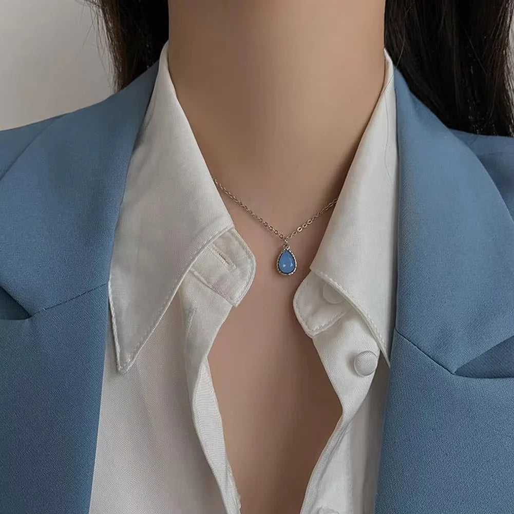 Silver Double-Layered Butterfly and Blue Gem Pendant Necklace
