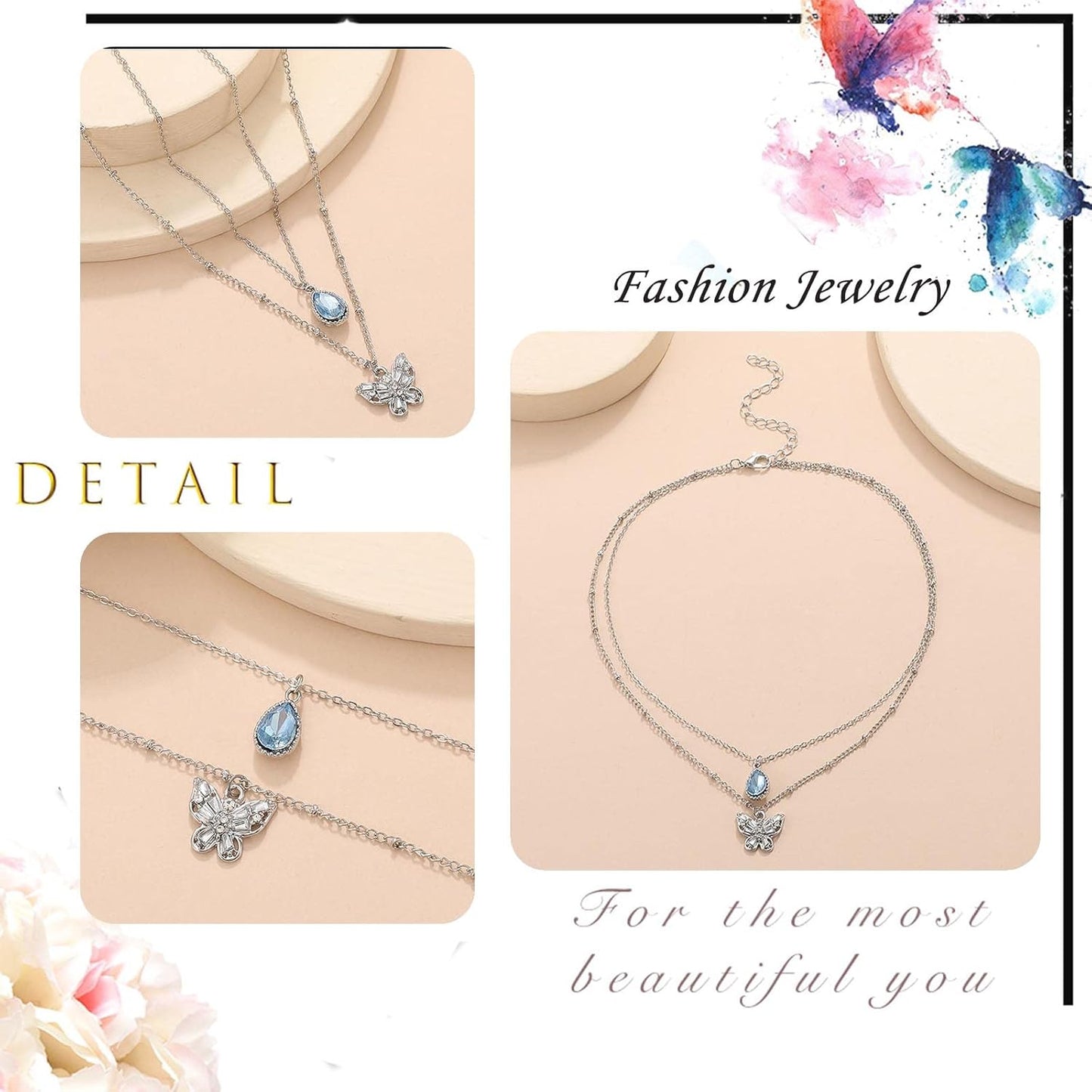 Silver Double-Layered Butterfly and Blue Gem Pendant Necklace