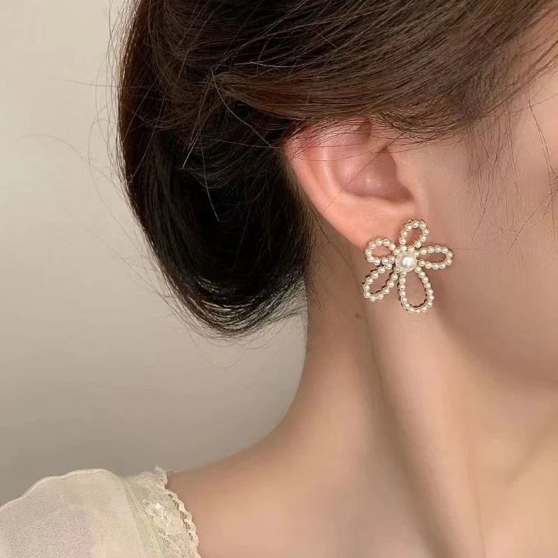 Korean Pearl Flower White Stud Earrings