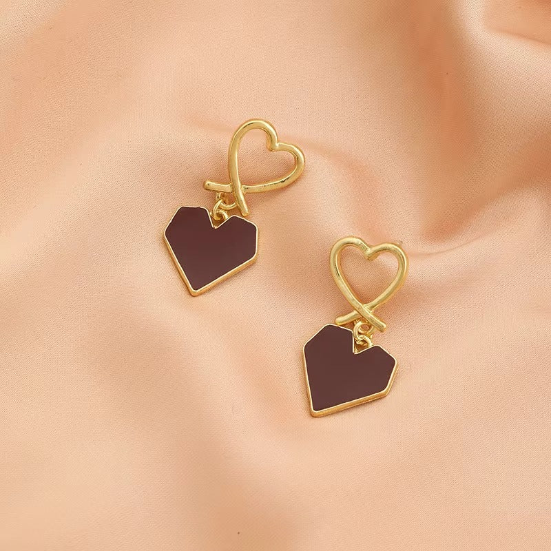 Maroon Heart Charm Drop Earrings
