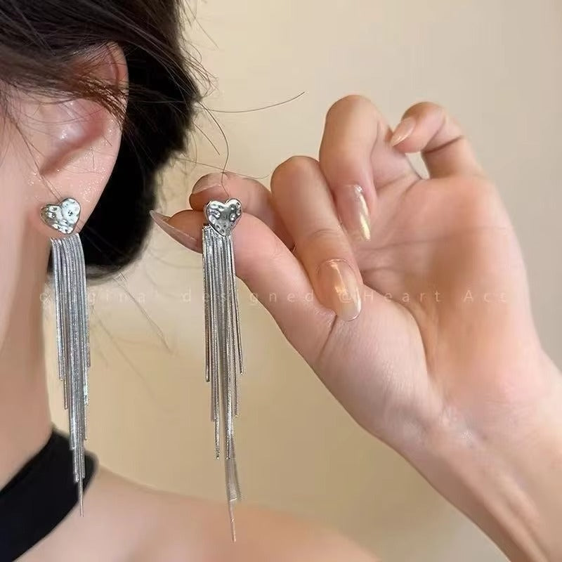 Korea Party Silver Heart Tassel Earrings