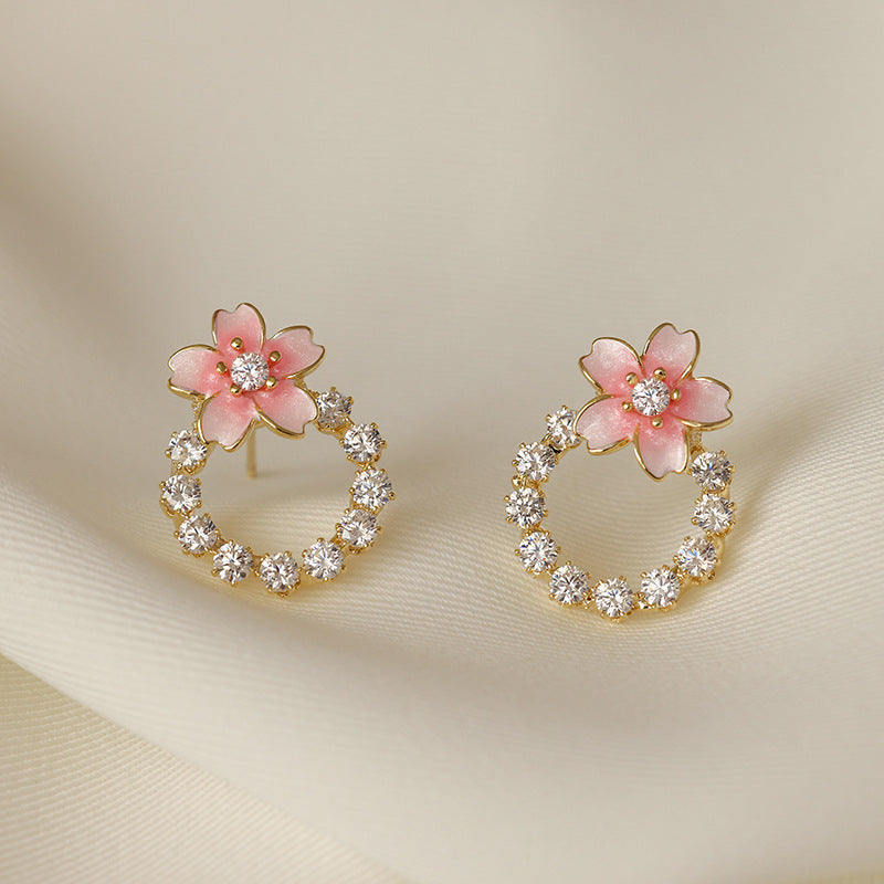 Pink Rhinestone Flower Stud Earrings