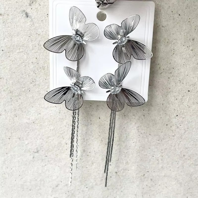 Golden Double Butterfly Tassel Earrings