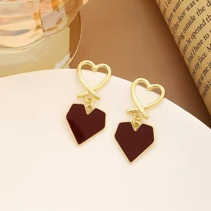 Maroon Heart Charm Drop Earrings