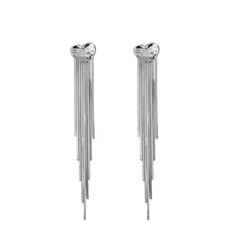 Korea Party Silver Heart Tassel Earrings