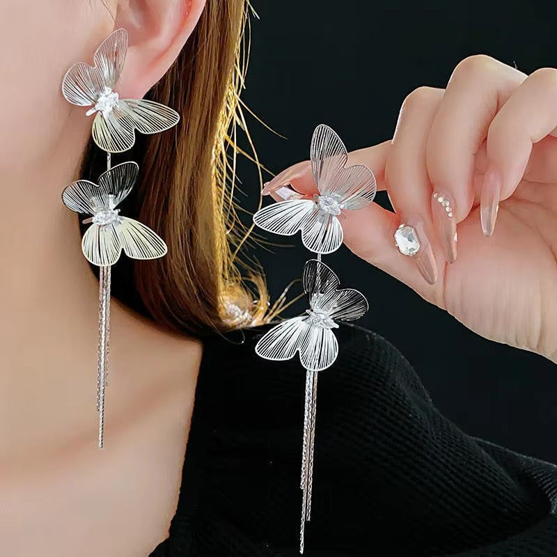 Golden Double Butterfly Tassel Earrings