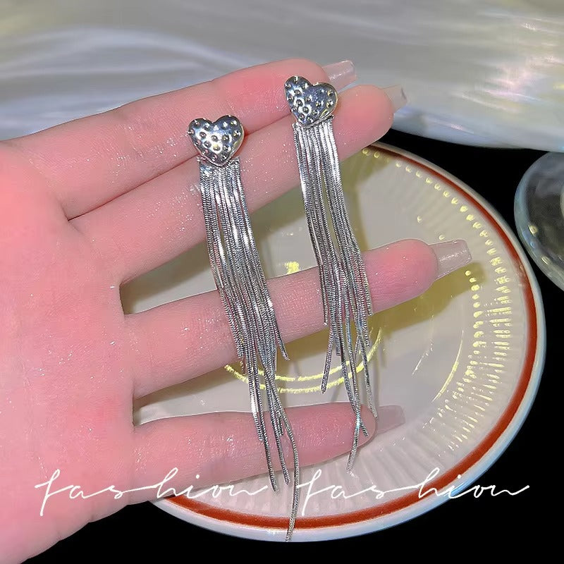 Korea Party Silver Heart Tassel Earrings