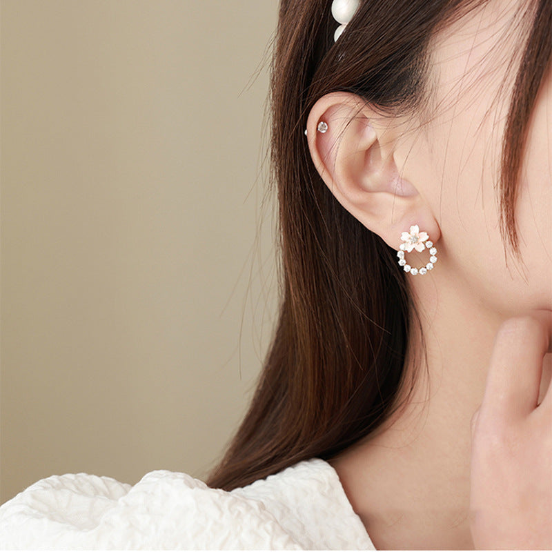 Pink Rhinestone Flower Stud Earrings