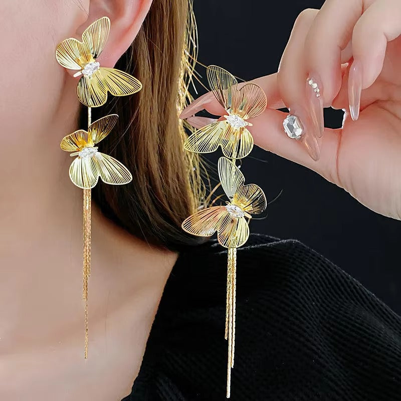 Golden Double Butterfly Tassel Earrings