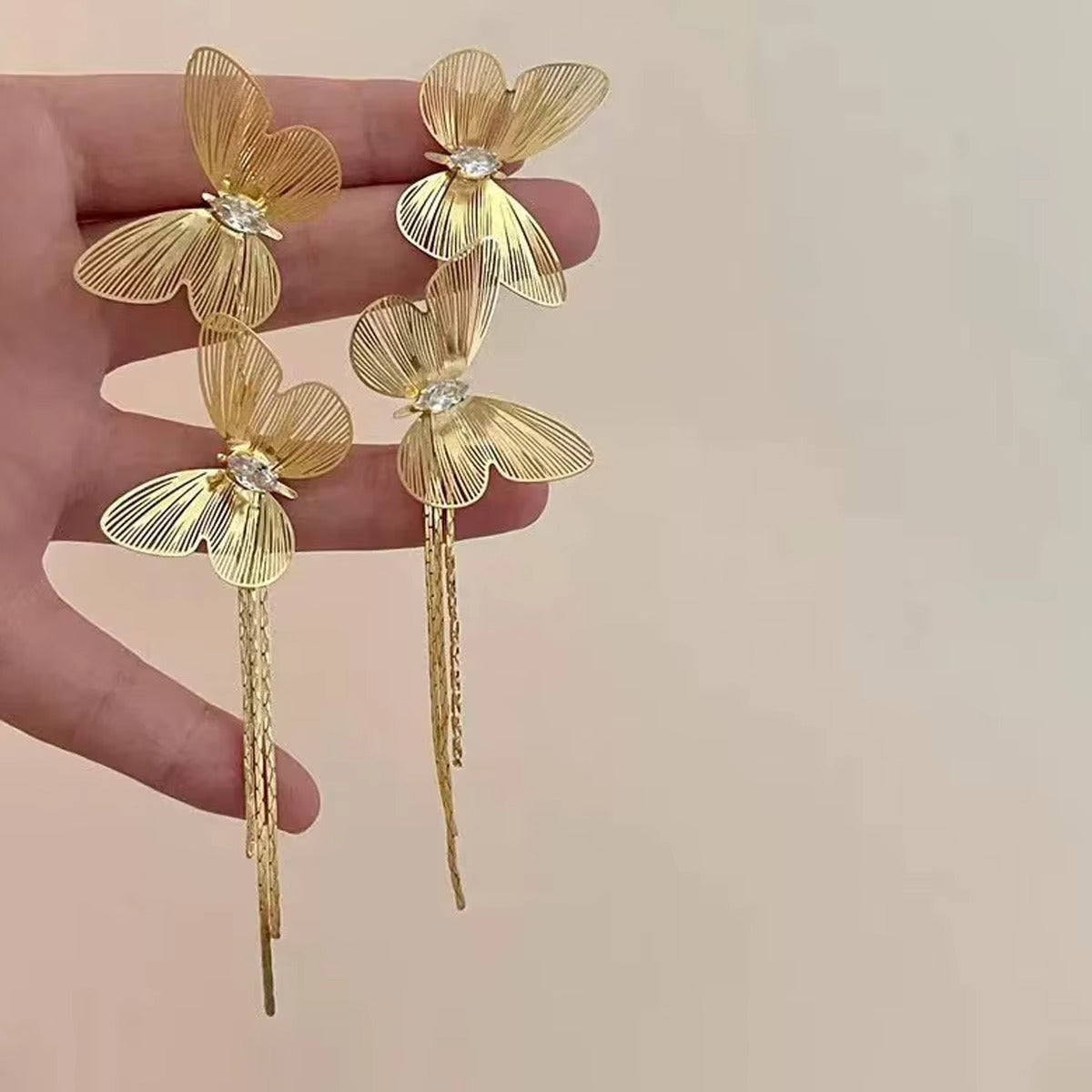 Golden Double Butterfly Tassel Earrings