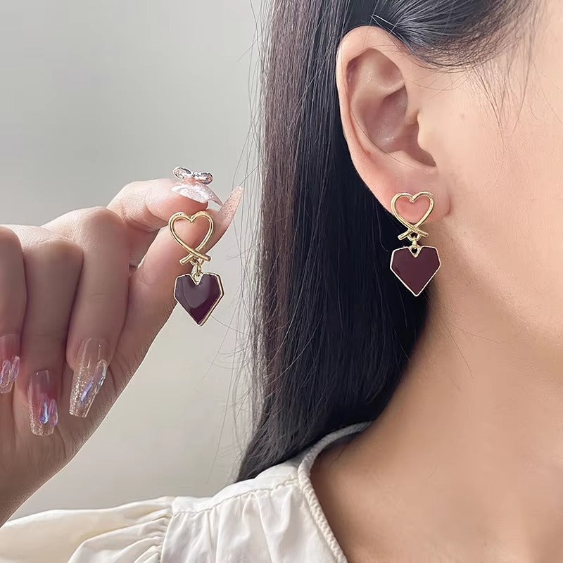 Maroon Heart Charm Drop Earrings