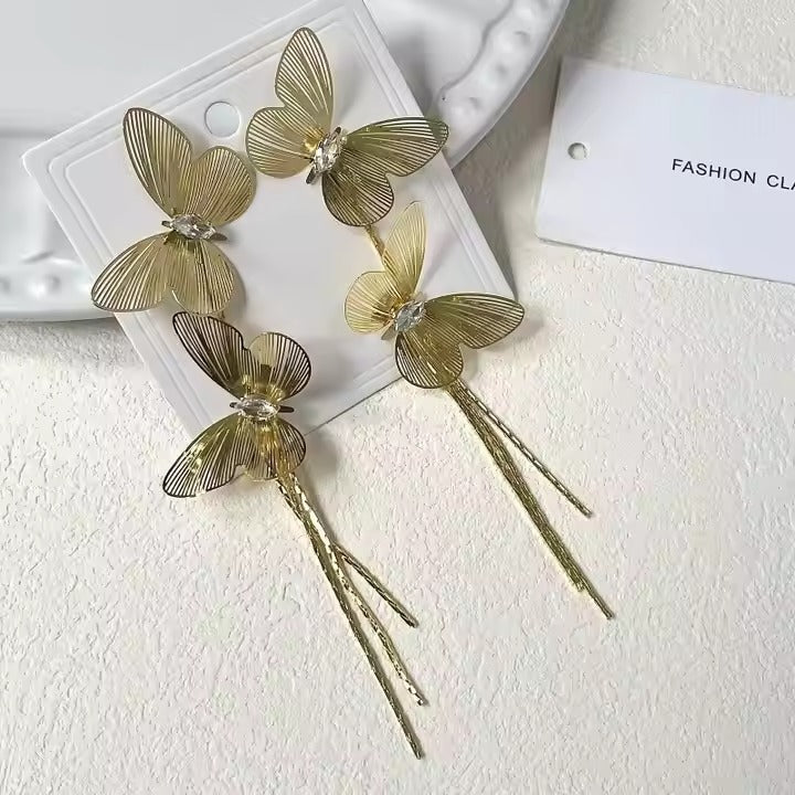 Golden Double Butterfly Tassel Earrings