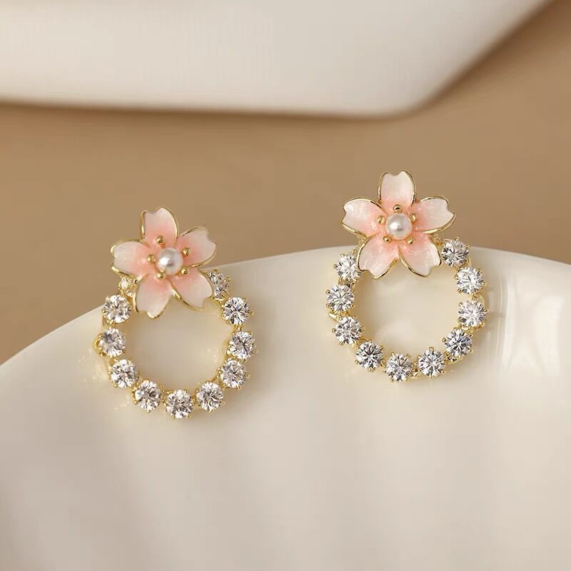 Pink Rhinestone Flower Stud Earrings
