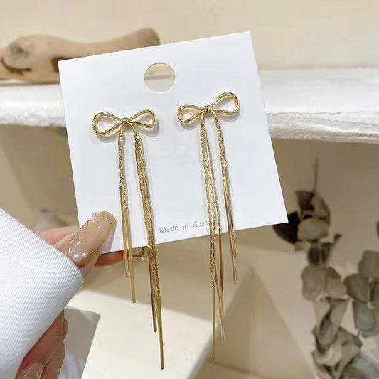 Golden Bow Long Tassel Earrings