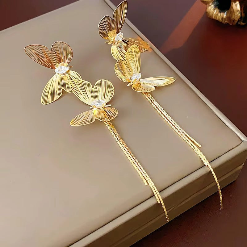 Golden Double Butterfly Tassel Earrings