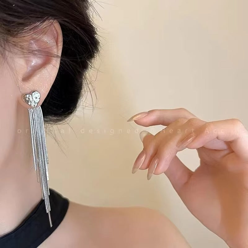 Korea Party Silver Heart Tassel Earrings