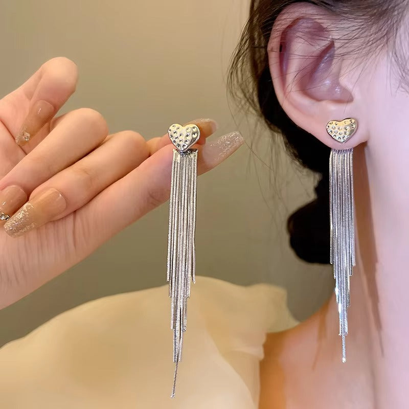 Korea Party Silver Heart Tassel Earrings