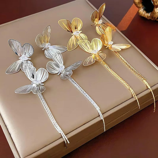 Golden Double Butterfly Tassel Earrings
