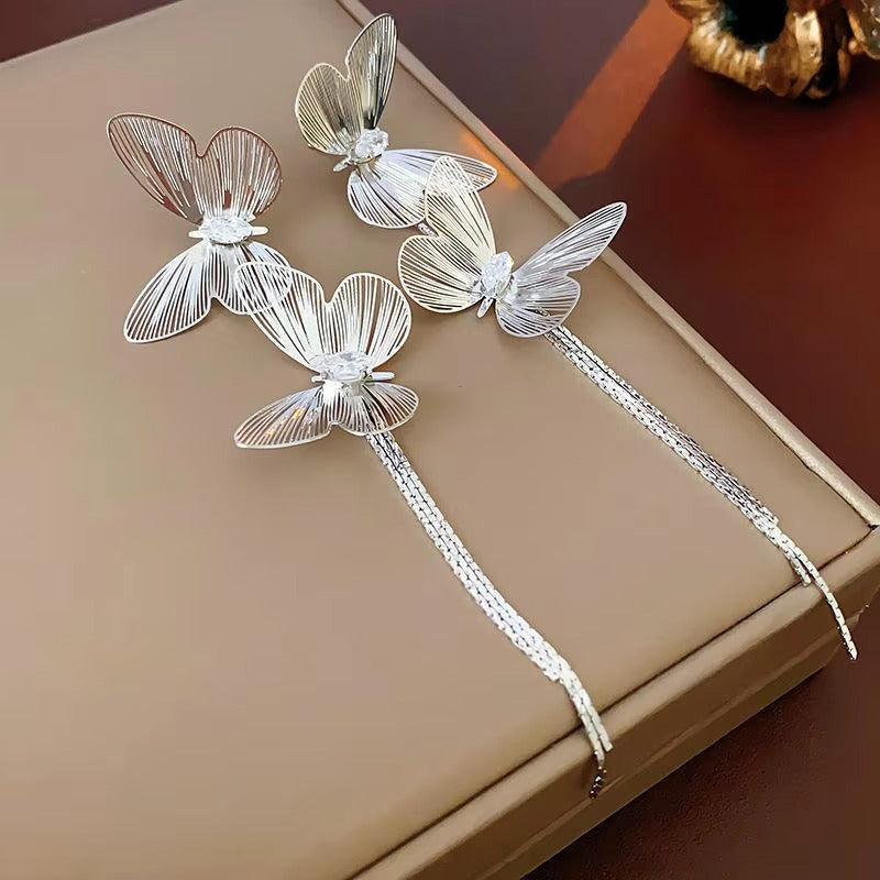 Golden Double Butterfly Tassel Earrings
