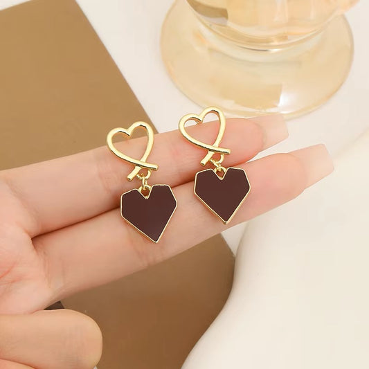 Maroon Heart Charm Drop Earrings
