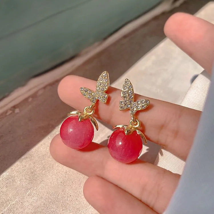 Small Pink Cherry Butterfly Earrings