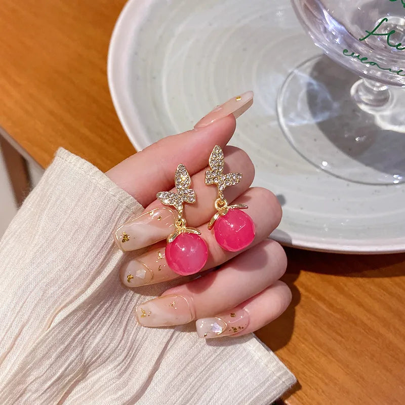 Small Pink Cherry Butterfly Earrings