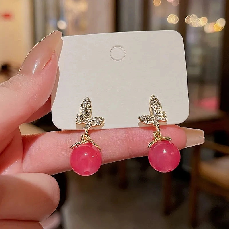 Small Pink Cherry Butterfly Earrings