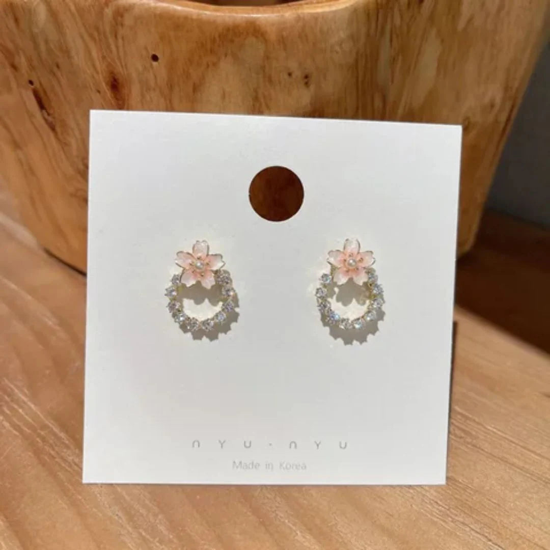 Pink Rhinestone Flower Stud Earrings