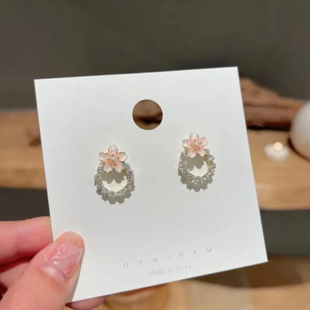 Pink Rhinestone Flower Stud Earrings