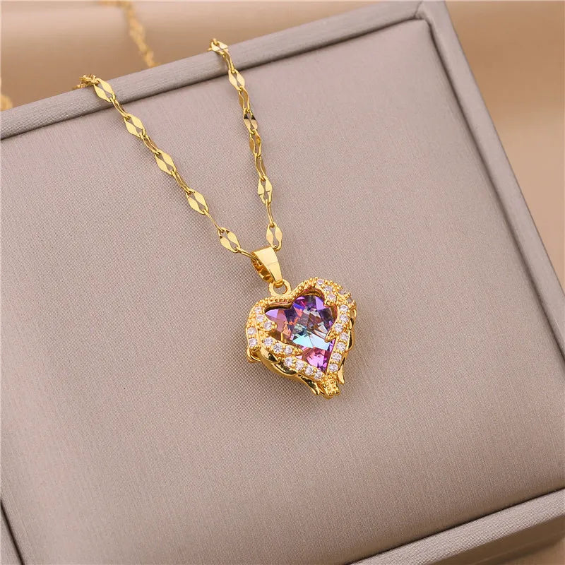 Stainless Steel Beautiful Love Heart Amethyst Gold Shiny Necklace