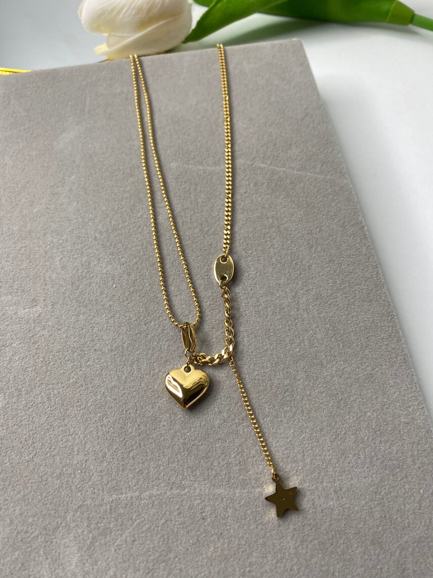 Star & Heart Charm Y Lariat Necklace