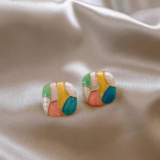 Candy Colorful Enamel Geometric Square Stud Earrings