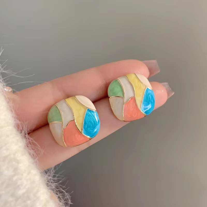Candy Colorful Enamel Geometric Square Stud Earrings