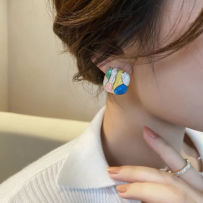 Candy Colorful Enamel Geometric Square Stud Earrings