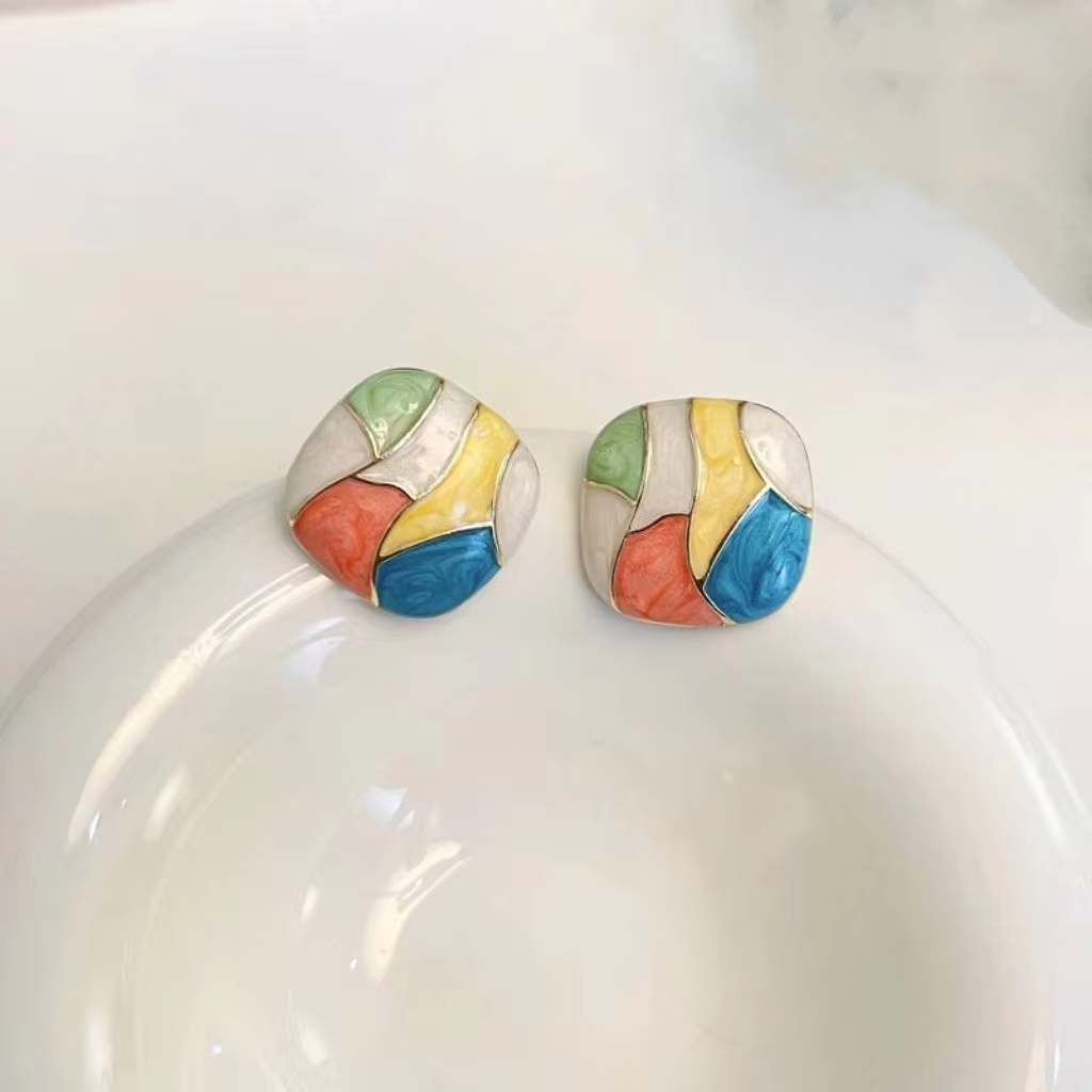 Candy Colorful Enamel Geometric Square Stud Earrings