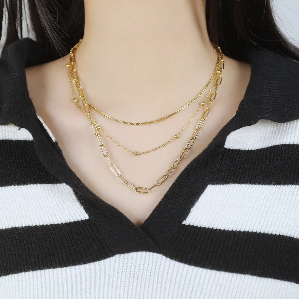 Multi-Layer Golden Chain Necklace with Textured Links and Bead Detailing