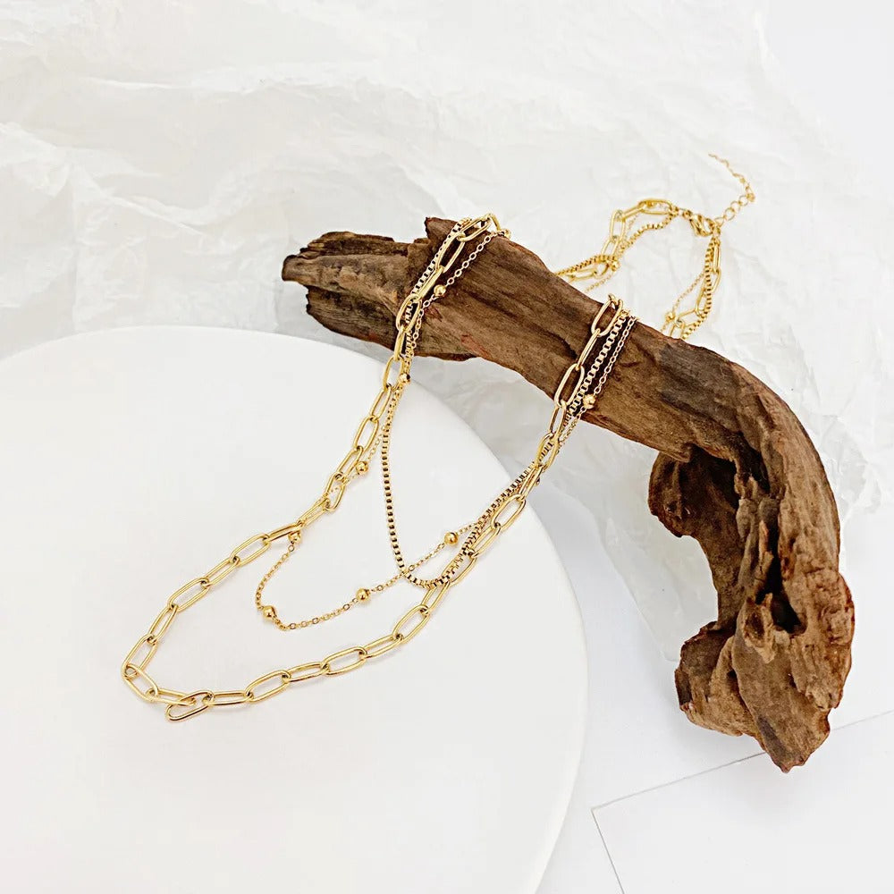 Multi-Layer Golden Chain Necklace with Textured Links and Bead Detailing