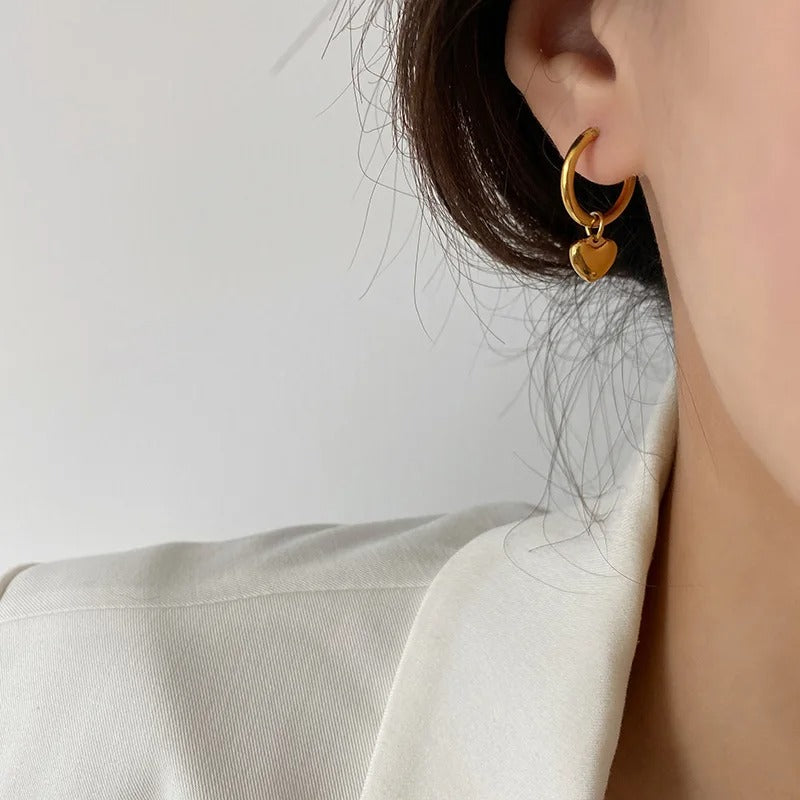 Golden Heart Charm Hoop Earrings