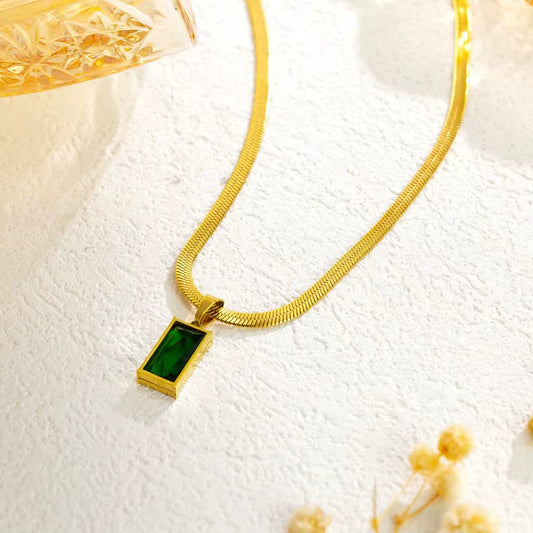 Golden Emerald Green Rectangular Pendant Necklace