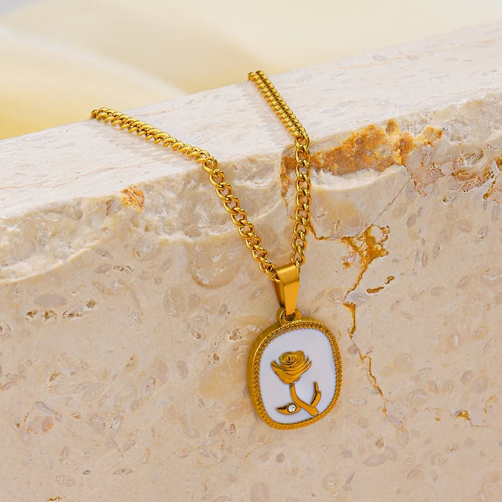 Elegant Golden Rose Pendant Necklace with White Enamel Base