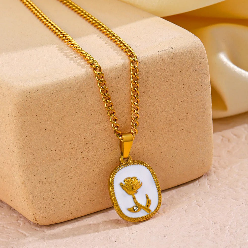 Elegant Golden Rose Pendant Necklace with White Enamel Base