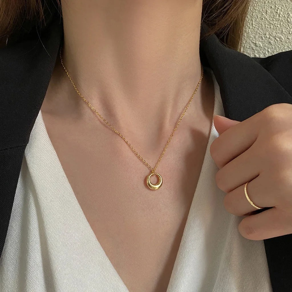 Golden Crescent Circle Pendant Necklace