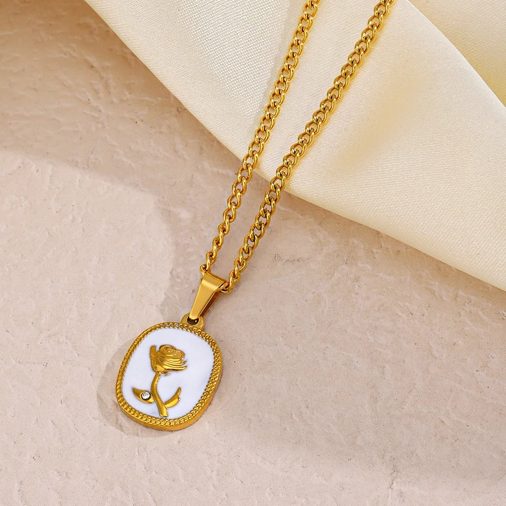 Elegant Golden Rose Pendant Necklace with White Enamel Base