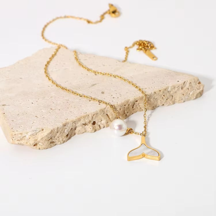 Golden Whale Tail Pendant Necklace with Pearl