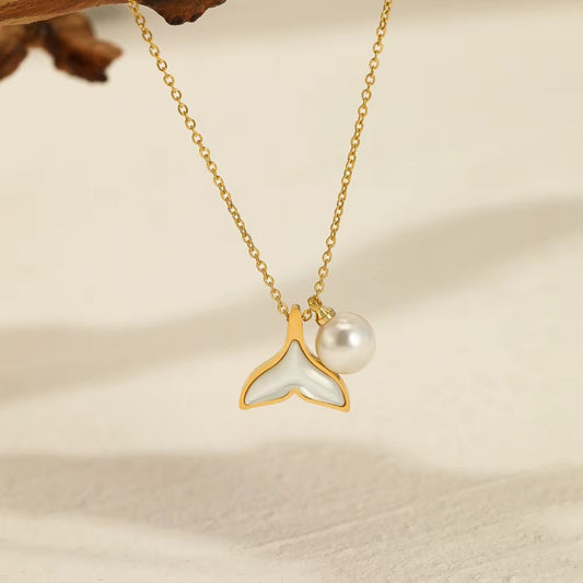 Golden Whale Tail Pendant Necklace with Pearl