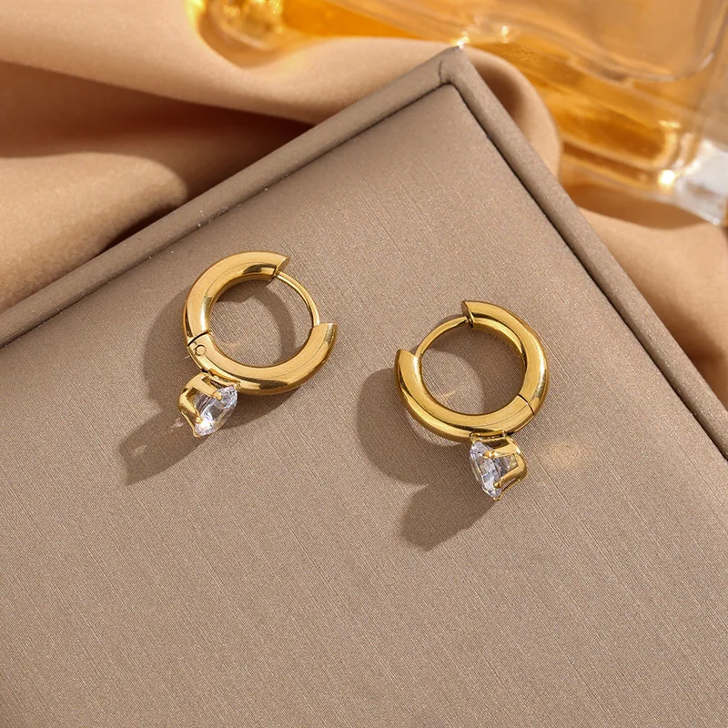 Golden Hoop Earrings with Round Crystal Drop